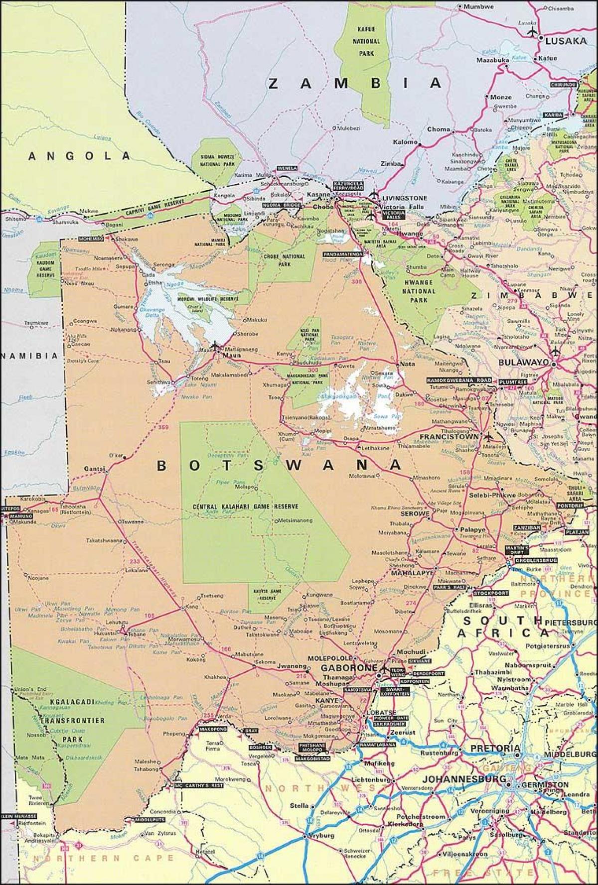 карта Боцвана мапи са удаљености