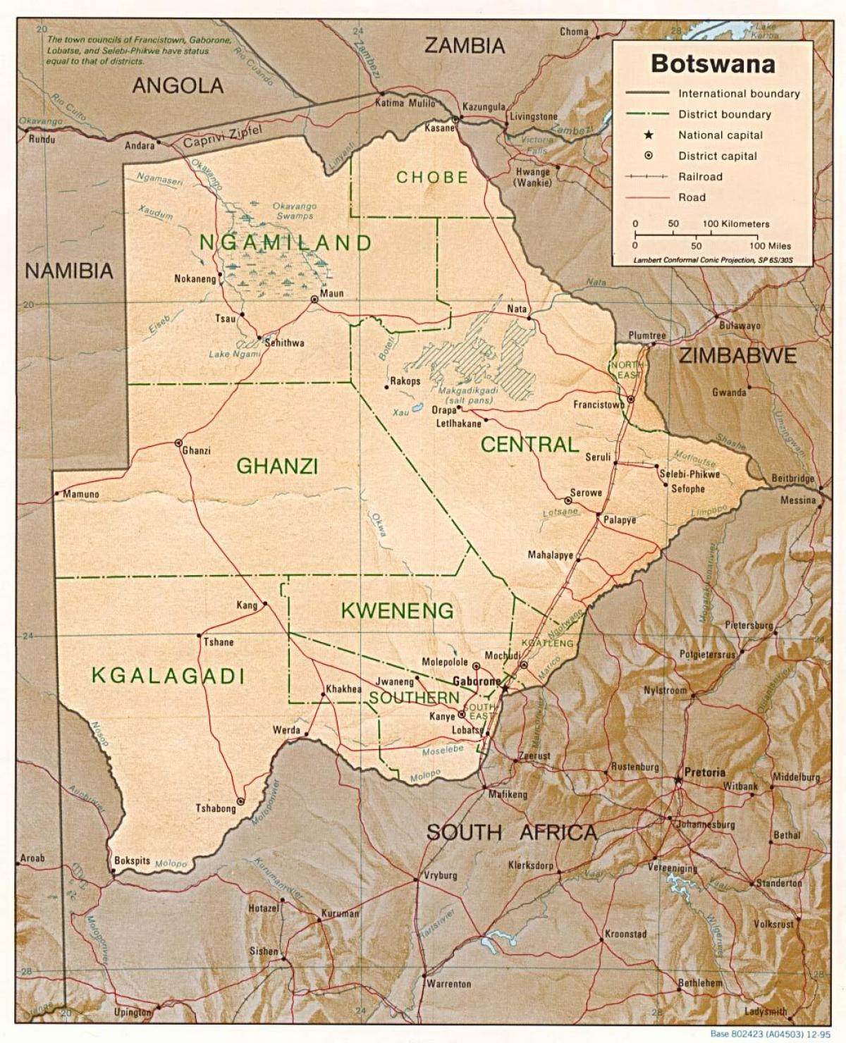 карта Боцвана показује градова и села